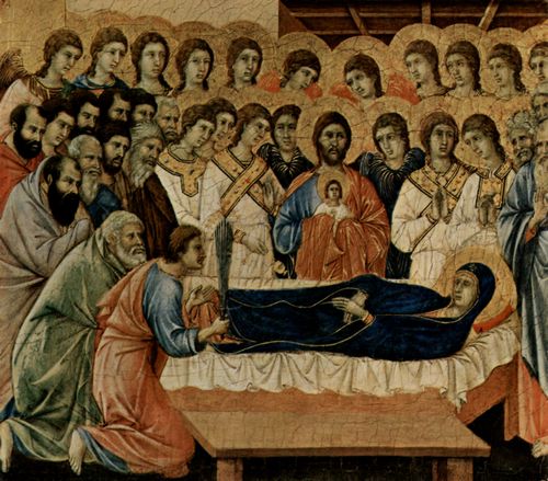 Duccio di Buoninsegna: Maest, Altarretabel des Sieneser Doms, Vorderseite, Altarbekrnung mit Szenen zum Marientod, Szene: Marientod