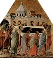Duccio di Buoninsegna: Maest, Altarretabel des Sieneser Doms, Vorderseite, Altarbekrnung mit Szenen zum Marientod, Szene: Begrbnis Marias