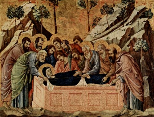 Duccio di Buoninsegna: Maest, Altarretabel des Sieneser Doms, Vorderseite, Altarbekrnung mit Szenen zum Marientod, Szene: Grablegung Marias