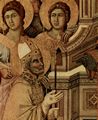 Duccio di Buoninsegna: Maestà, Altarretabel des Sieneser Doms, Vorderseite, Haupttafel mit Maestà, Szene: Thronende Maria mit Kind, Engeln, Heiligen und Apostelfiguren in Arkaden, Detail