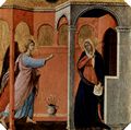 Duccio di Buoninsegna: Maest, Altarretabel des Sieneser Doms, Vorderseite, Predella mit Szenen aus der Kindheit Jesu und Propheten, Szene: Verkndigung