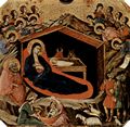 Duccio di Buoninsegna: Maest, Altarretabel des Sieneser Doms, Vorderseite, Predella mit Szenen aus der Kindheit Jesu und Propheten, Szene: Christi Geburt