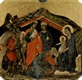 Duccio di Buoninsegna: Maest, Altarretabel des Sieneser Doms, Vorderseite, Predella mit Szenen aus der Kindheit Jesu und Propheten, Szene: Anbetung der Heiligen Drei Knige