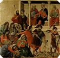 Duccio di Buoninsegna: Maest, Altarretabel des Sieneser Doms, Vorderseite, Predella mit Szenen aus der Kindheit Jesu und Propheten, Szene: Bethlehemitischer Kindermord