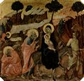 Duccio di Buoninsegna: Maest, Altarretabel des Sieneser Doms, Vorderseite, Predella mit Szenen aus der Kindheit Jesu und Propheten, Szene: Flucht nach gypten