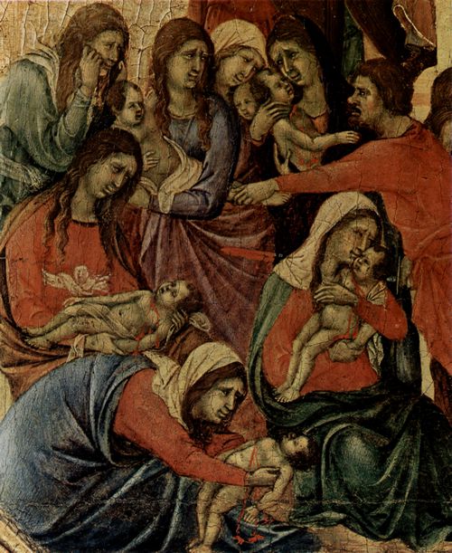Duccio di Buoninsegna: Maest, Altarretabel des Sieneser Doms, Vorderseite, Predella mit Szenen aus der Kindheit Jesu und Propheten, Szene: Bethlehemitischer Kindermord, Detail