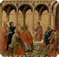 Duccio di Buoninsegna: Maest, Altarretabel des Sieneser Doms, Vorderseite, Predella mit Szenen aus der Kindheit Jesu und Propheten, Szene: Der Zwlfjhrige Jesu im Tempel