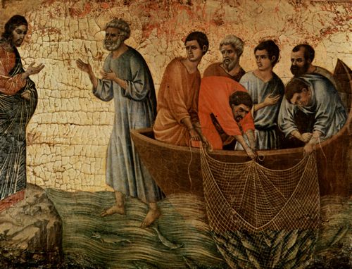 Duccio di Buoninsegna: Maest, Altarretabel des Sieneser Doms, Rckseite, Altarbekrnung mit Pfingstzyklus, Szene: Erscheinung Christi am Tiberiasee (Genazareth)