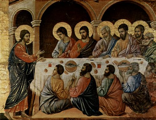 Duccio di Buoninsegna: Maest, Altarretabel des Sieneser Doms, Rckseite, Altarbekrnung mit Pfingstzyklus, Szene: Erscheinung Christi bei dem Abendmahl der Apostel