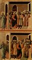 Duccio di Buoninsegna: Maestà, Altarretabel des Sieneser Doms, Rückseite, Hauptregister mit Szenen zu Christi Passion, Szenen: Verspottung Christi und Christus vor Kaiphas
