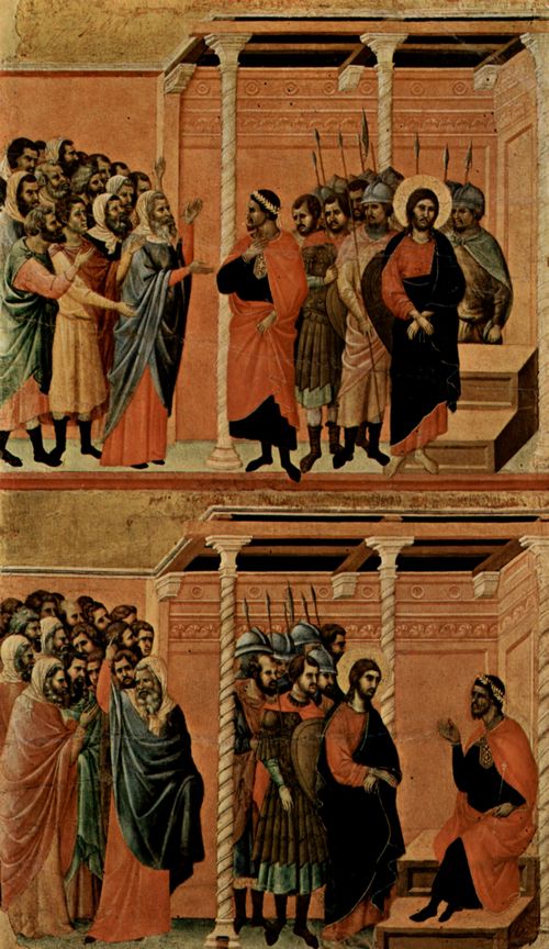 Duccio di Buoninsegna: Maest, Altarretabel des Sieneser Doms, Rckseite, Hauptregister mit Szenen zu Christi Passion, Szenen: Beschuldigung Christi durch die Phariser und Verhr Christi durch Pilatus