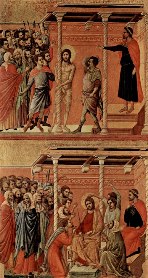 Duccio di Buoninsegna: Maest, Altarretabel des Sieneser Doms, Rckseite, Hauptregister mit Szenen zu Christi Passion, Szenen: Geielung und Dornenkrnung
