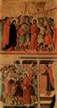 Duccio di Buoninsegna: Maestà, Altarretabel des Sieneser Doms, Rückseite, Hauptregister mit Szenen zu Christi Passion, Szenen: Aufstieg zum Kalvarienberg und Pilatus wäscht sich die Hände in Unschuld