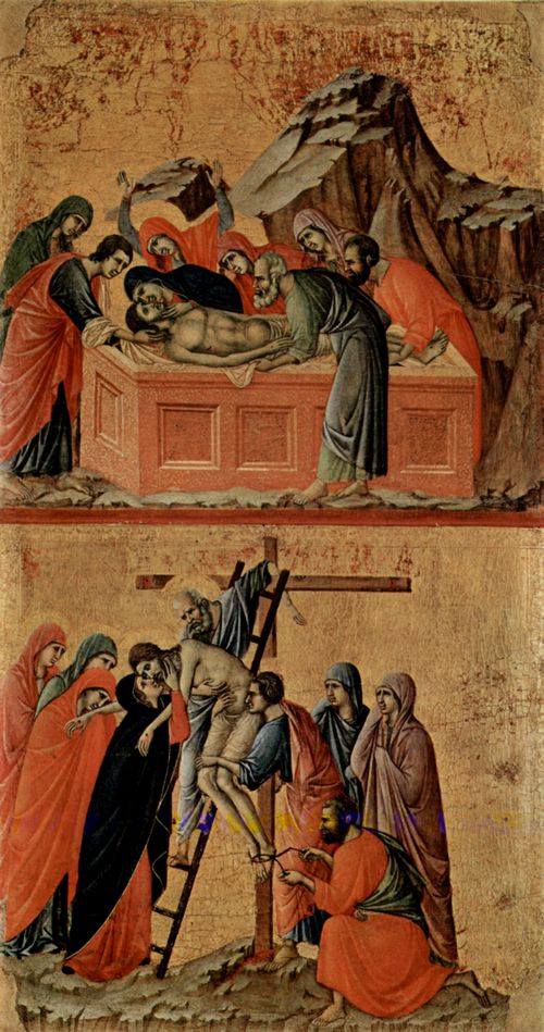 Duccio di Buoninsegna: Maest, Altarretabel des Sieneser Doms, Rckseite, Hauptregister mit Szenen zu Christi Passion, Szenen: Grablegung und Kreuzabnahme