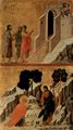 Duccio di Buoninsegna: Maestà, Altarretabel des Sieneser Doms, Rückseite, Hauptregister mit Szenen zu Christi Passion, Szenen: Christus erscheint zwei pilgernden Apostel in Emmaus und Noli me tangere (Christus und Maria Magdalena)