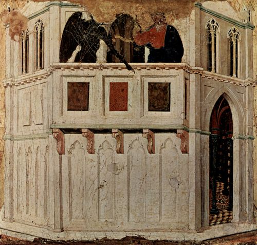 Duccio di Buoninsegna: Maest, Altarretabel des Sieneser Doms, Rckseite, Predella mit Szenen zur Versuchung Christi und Wundertaten, Szene: Versuchung Christi auf einer Zinne des Tempels, Fragment