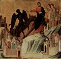 Duccio di Buoninsegna: Maest, Altarretabel des Sieneser Doms, Rckseite, Predella mit Szenen zur Versuchung Christi und Wundertaten, Szene: Versuchung Christi auf dem Berg