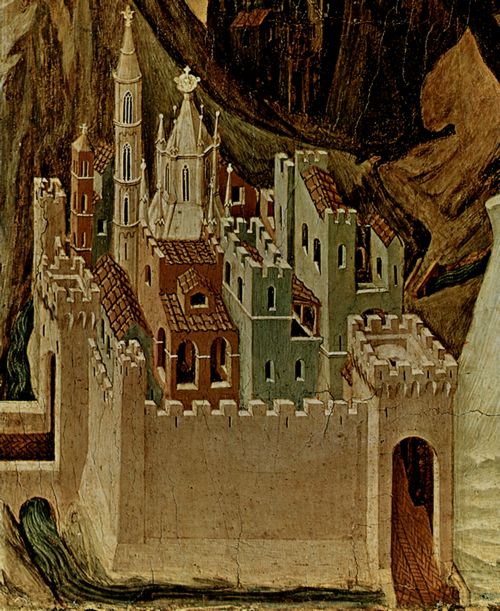 Duccio di Buoninsegna: Maest, Altarretabel des Sieneser Doms, Rckseite, Predella mit Szenen zur Versuchung Christi und Wundertaten, Szene: Versuchung Christi auf dem Berg, Detail: Architektur
