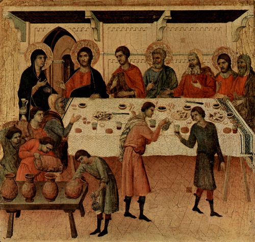 Duccio di Buoninsegna: Maest, Altarretabel des Sieneser Doms, Rckseite, Predella mit Szenen zur Versuchung Christi und Wundertaten, Szene: Hochzeit zu Kana