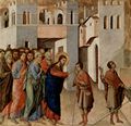 Duccio di Buoninsegna: Maest, Altarretabel des Sieneser Doms, Rckseite, Predella mit Szenen zur Versuchung Christi und Wundertaten, Szene: Die Heilung eines Blinden