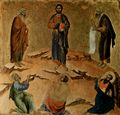 Duccio di Buoninsegna: Maest, Altarretabel des Sieneser Doms, Rckseite, Predella mit Szenen zur Versuchung Christi und Wundertaten, Szene: Verklrung Christi (Transfiguration Domini)