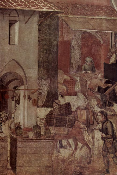 Lorenzetti, Ambrogio: Freskenzyklus »Allegorien der guten und der schlechten Regierung« im Ratssaal der Neun, Palazzo Pubblico in Siena, Szene: Auswirkungen der guten Regierung in der Stadt, Detail: Werkstatt (Handwerk)
