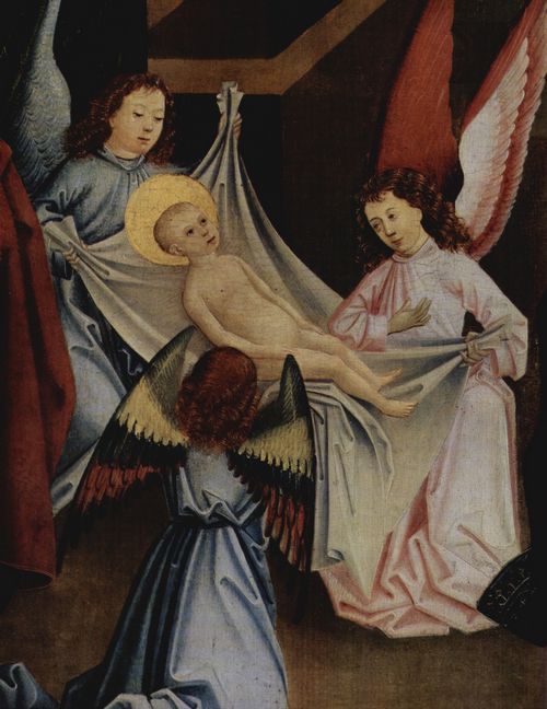 Herlin, Friedrich (Umkreis): Geburt Christi, Anbetung des Christuskindes, Detail: Engel tragen das Christuskind