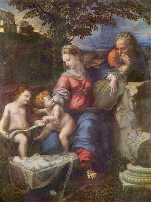 Raffael (Werkstatt): Die Heilige Familie unter der Eiche, mit Johannes dem Tufer
