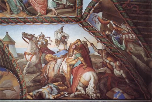 Schnorr von Carolsfeld, Julius: Freskenzyklus um Casa Massimo in Rom, Ariost-Saal, Gewlbezwickel, Detail: Der Sechskampf auf der Insel Lipadusa