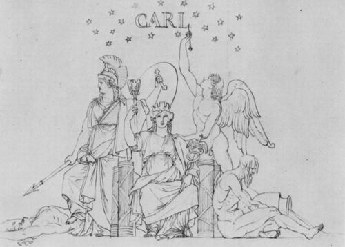 Cornelius, Peter von: Transparentwurf, mit Stadtallegorie Frankfurt am Mains und Minerva, die einen Feind niederzwingt