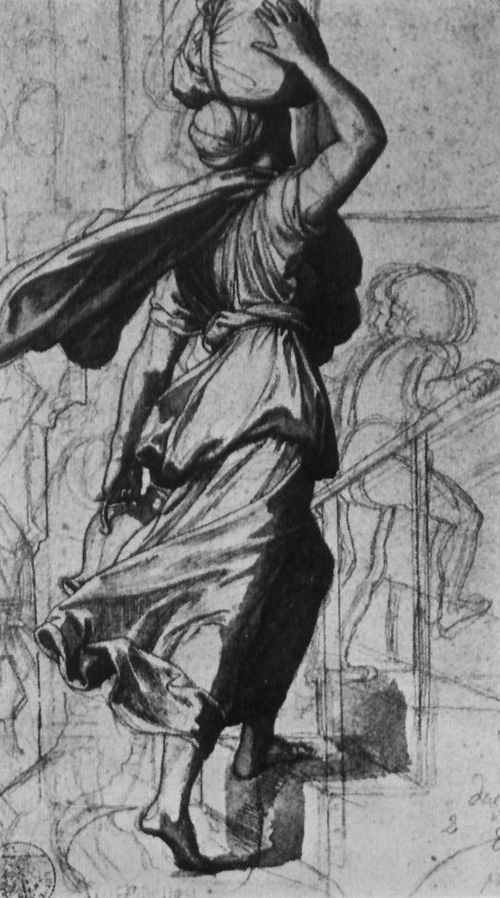 Schnorr von Carolsfeld, Julius: Studie zu »Kaiser Karl und das Frankenheer in Paris«, Szene: Frauenfigur mit Bndel auf dem Kopf