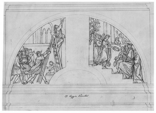 Cornelius, Peter von: Entwurf fr die Loggien der Alten Pinakothek in Mnchen, Lnettenfeld, Szenen zu Drer