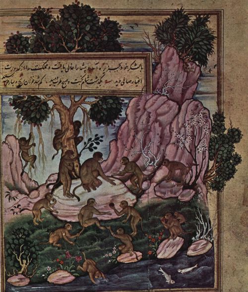 Indischer Maler um 1570: Anvâr i-Suhailî-Szene: Spielende Affen