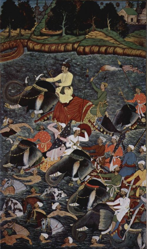 Madhu: Akbar-Nâma von Abû'l Fazl, Szene: Akbar durchquert den Ganges