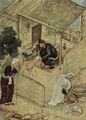 Indischer Maler von 1603: Nafat al-Uns von Jâmî, Szene: Dichter und Derwisch in häuslicher Szene, Detail