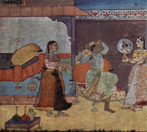 Meister des Rasikapriy-Manuskripts: Rasikapriy-Manuskript, Szene: Krishna, Rdh und ihre Vertraute