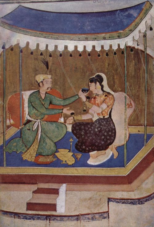 Meister des Rasikapriy-Manuskripts: Rasikapriy-Manuskript, Szene: Ein Prinz bietet einer Dame einen Weinkelch an
