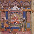 Indischer Maler um 1595: Râgmâlâ-Illustration, Szene: Râgâ Srî, König der Liebe, mit Pagen