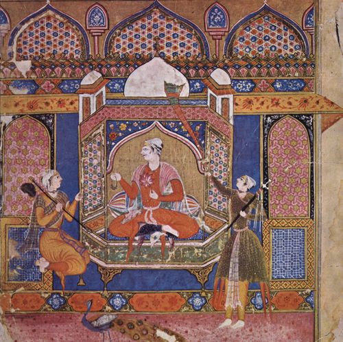Indischer Maler um 1595: Râgmâlâ-Illustration, Szene: Râgâ Srî, König der Liebe, mit Pagen