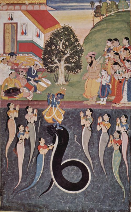 Indischer Maler um 1640: Bhâgavata-Purâna-Manuskript, Szene: Krishna bezwingt die Schlange Kaliya
