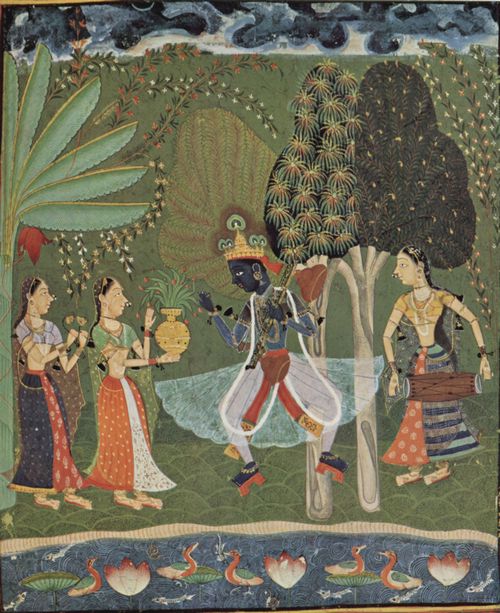 Indischer Maler um 1660: Rgml-Serie, Szene: Vasanta Rgin, Krishna tanzt zur Musik zweier Mdchen
