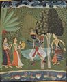 Indischer Maler um 1660: Râgmâlâ-Serie, Szene: Vasanta Râginî, Krishna tanzt zur Musik zweier Mädchen