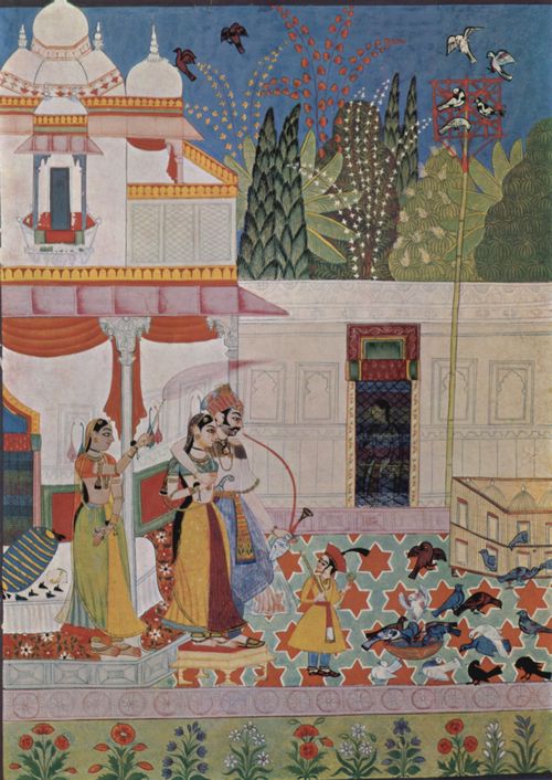Indischer Maler von 1662: Râgmâlâ-Serie, Szene: Edelmann und Dame beobachten Tauben
