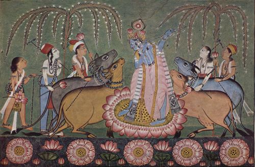 Indischer Maler um 1740: Râgmâlâ-Serie, Szene: Krishna mit seiner Flöte