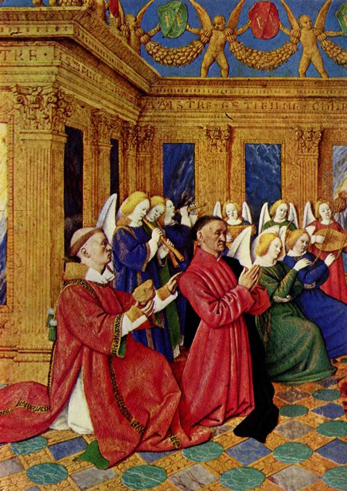 Fouquet, Jean: Livres d'heures des tienne Chevalier, Szene: Portrt des tienne Chevalier mit seinem Schutzpatron