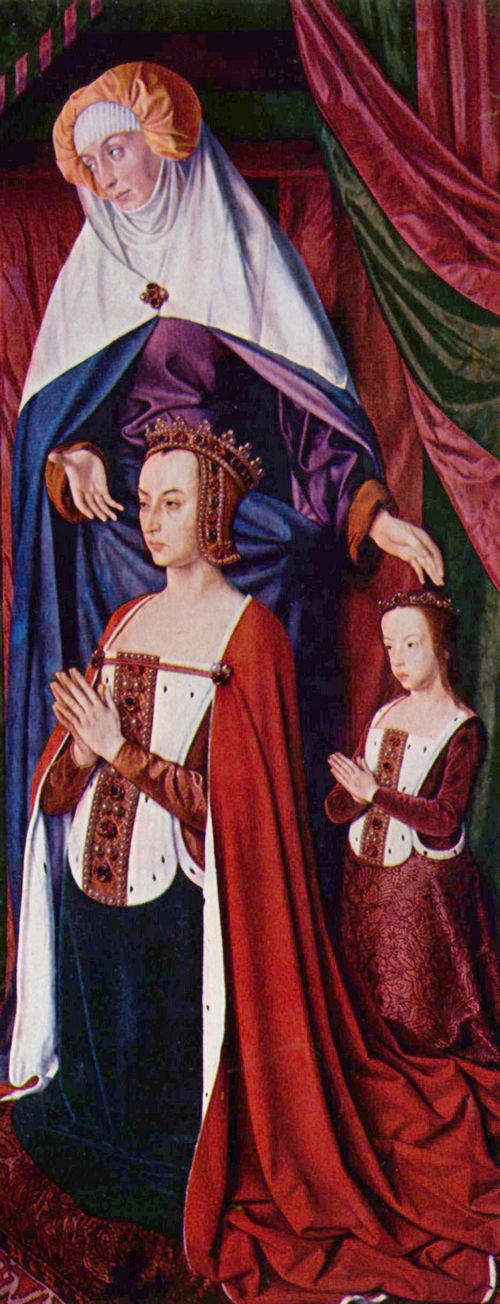 Meister von Moulins: Triptychon von Moulins, rechter Flgel, Szene: Portrt der Anne de France mit der Schutzheiligen und ihrer Tochter Suzanne