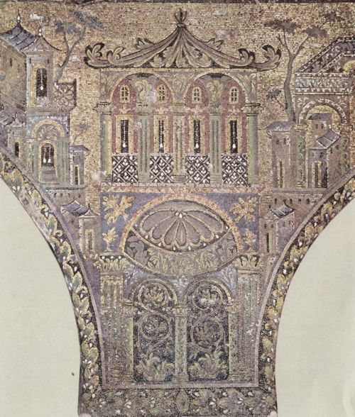 Arabischer Mosaizist um 715: Mosaik der Innenseite des westlichen Sulenganges im Hof der Groen Moschee in Damaskus, Szene: Architekturdarstellung