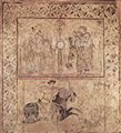 Arabischer Maler um 730: Bodenfresko aus Qasr al-Hayr al-Gharb, Syrien, Szene: Musikanten und jagende Reiter