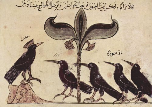 Arabischer Maler um 1210: Kalla und Dimna, Schakalmrchen, Szene: Der Krhenknig und seine Rte