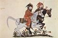 Irakischer Maler um 1210: Buch der Pferdeheilkunde des Ahmad ibn al-Husayn ibn al-Ahnaf, Szene: Zwei galoppierende Reiter